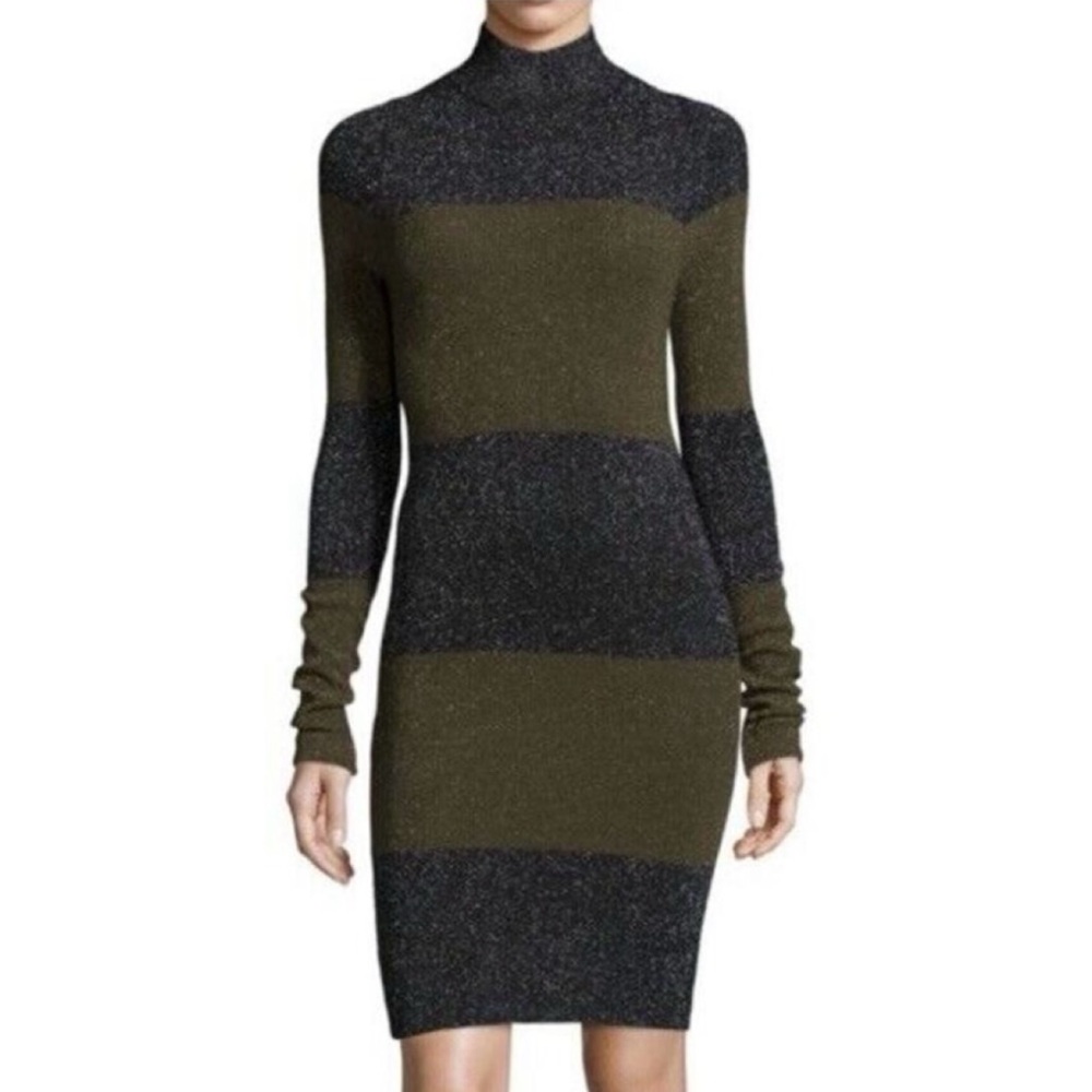 A.L.C. • Green/Black Striped Metallic Mockneck Long Sleeve Rib Knit Mini Dress L
